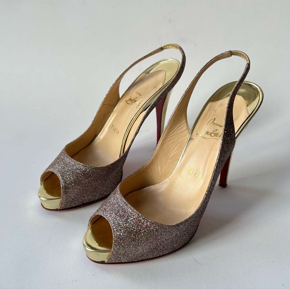 Christian Louboutin Lady Peep Slingback Peep Toe Glitter Heel sz 40 - Picture 6 of 16